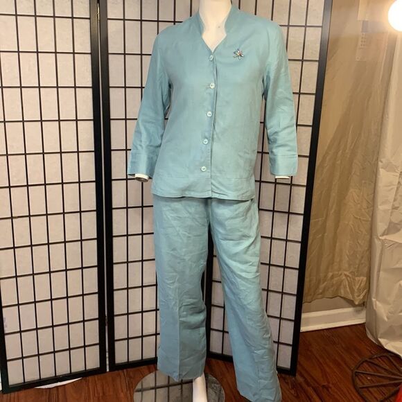 Jullian Jones Vintage Aqua Blue Linen 3 Piece Set - Picture 1 of 16